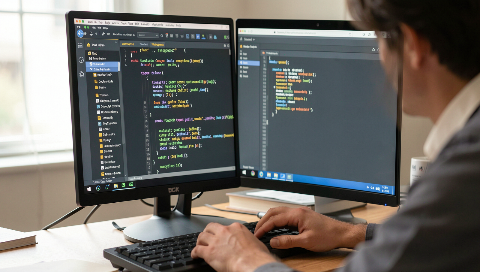 Developer analyzing code with static analysis tools on a computer screen