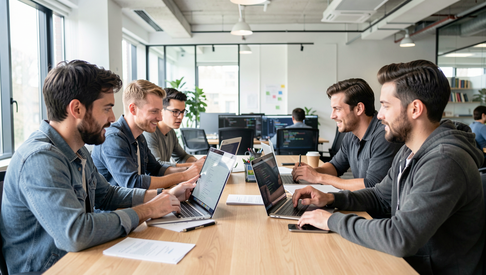 Developers collaborating on code reviews in a modern office setting.