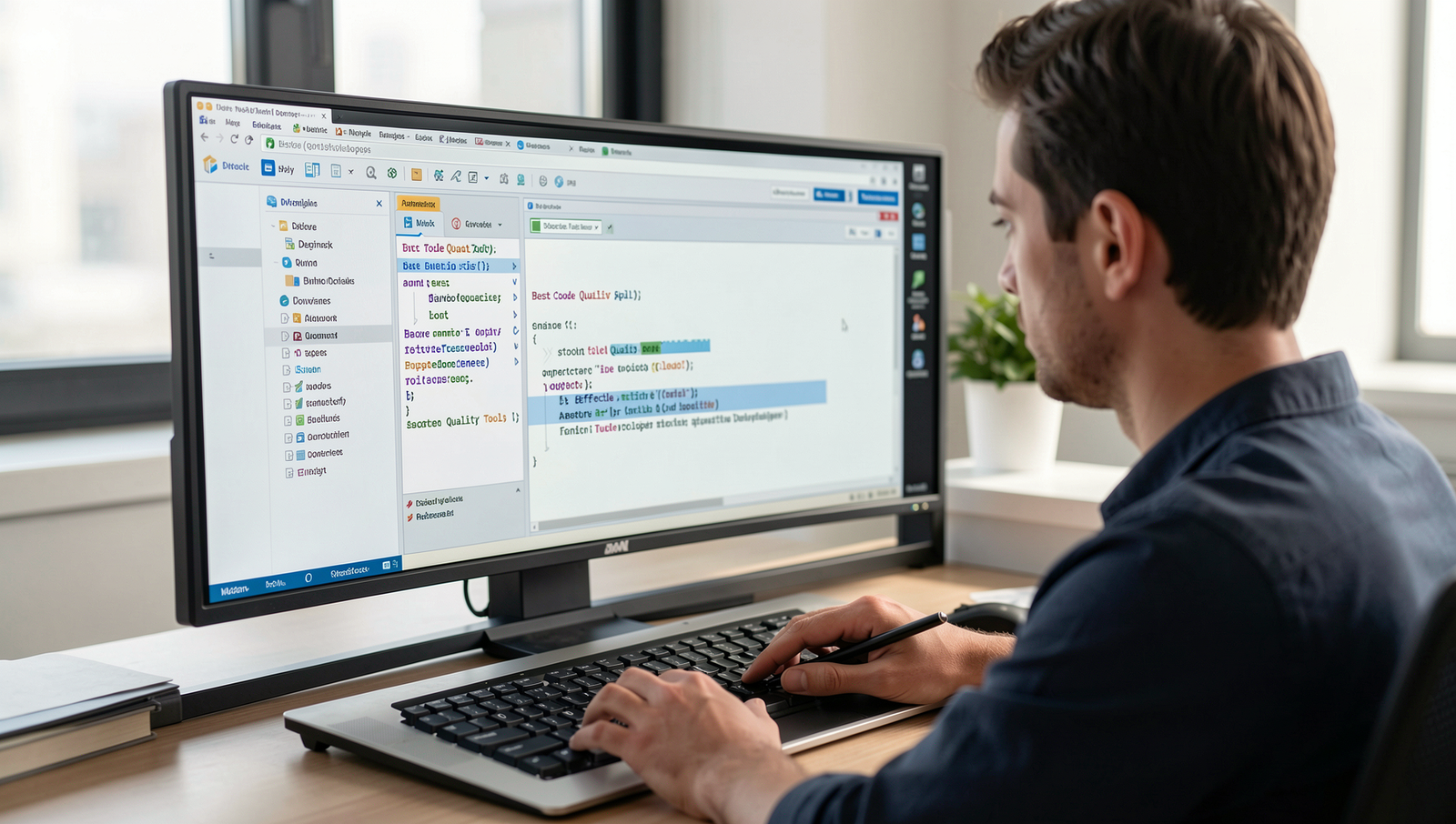 Developer running automated tests on software application in a modern workspace