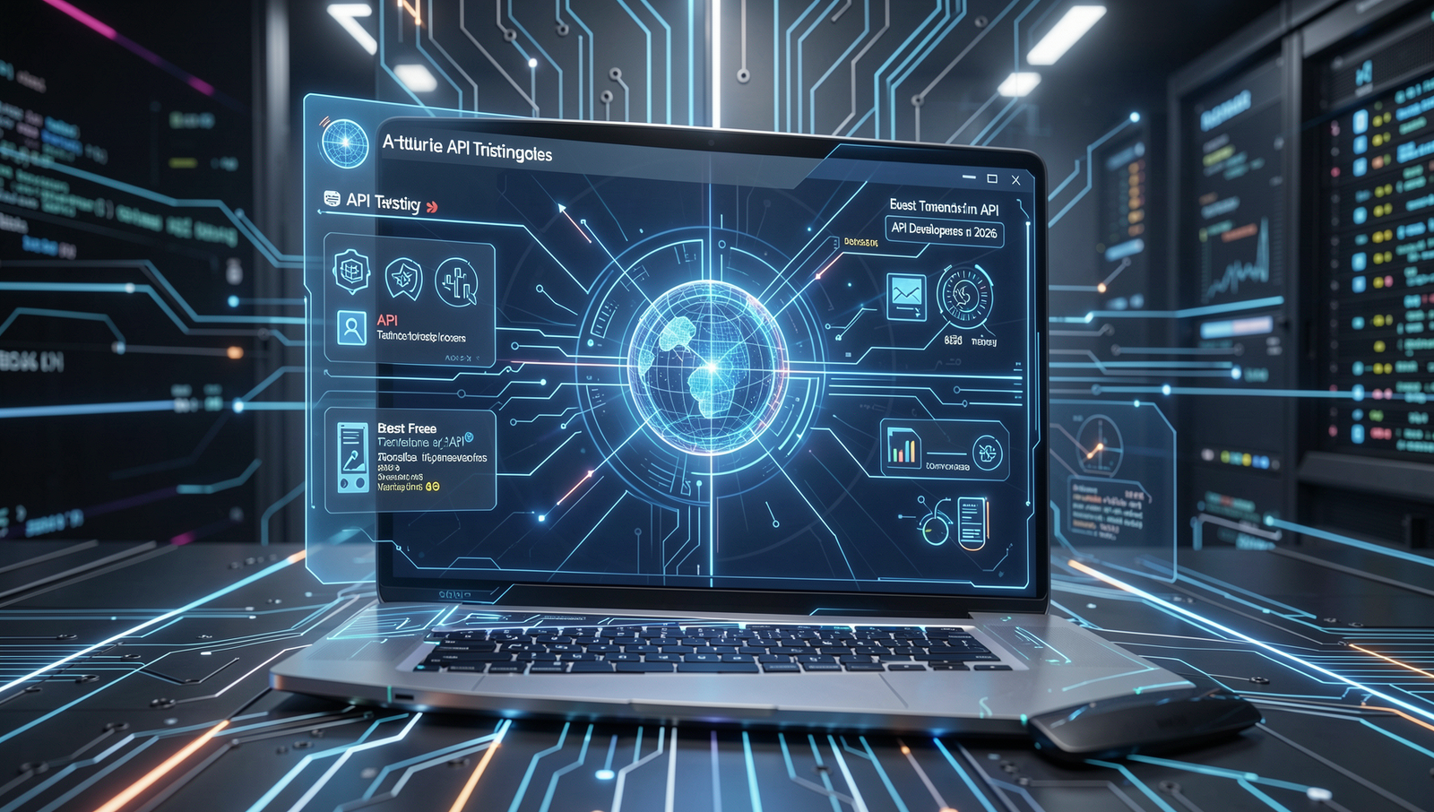 Futuristic API testing tools with AI elements in a detailed, realistic setting.