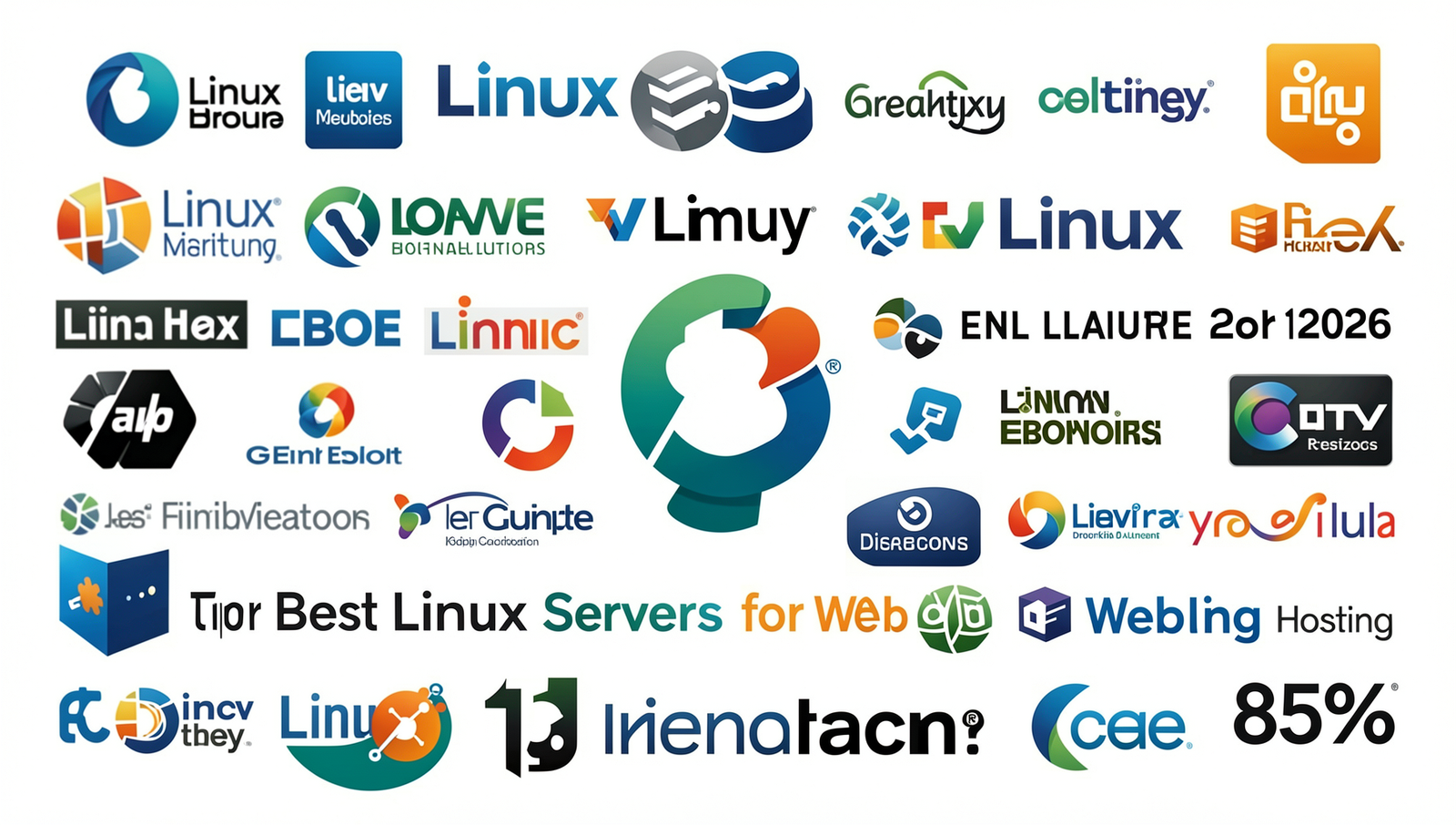 Collage of logos from various Linux distributions for web hosting.