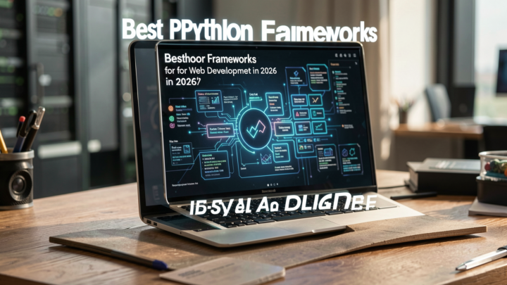 Photorealistic image showcasing top Python frameworks for web development in 2026.