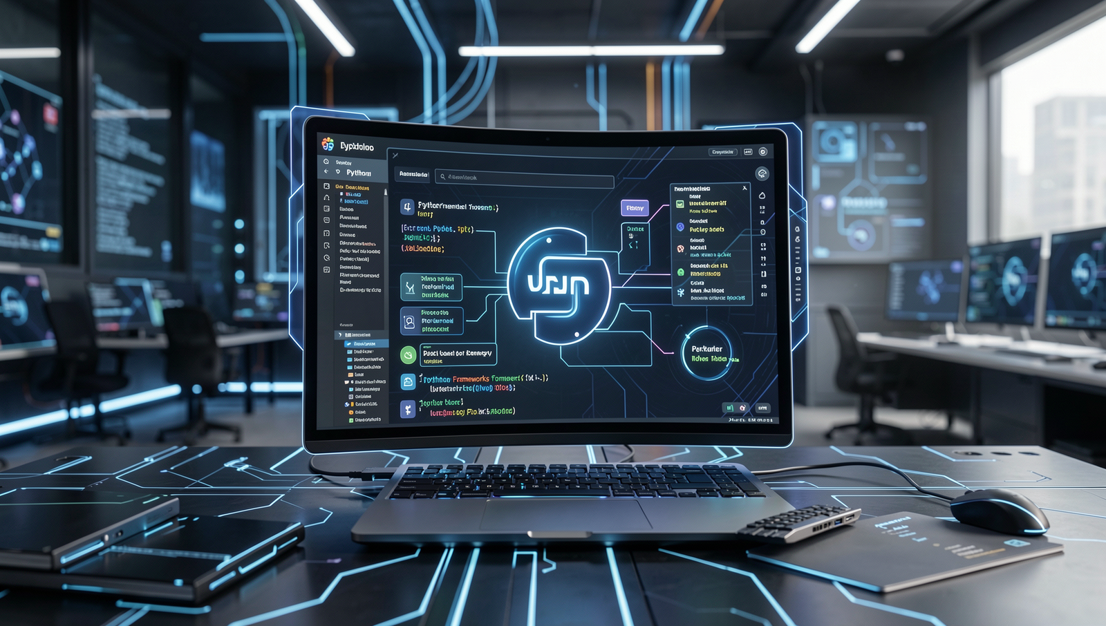 Futuristic web development scene highlighting Python frameworks for 2026.