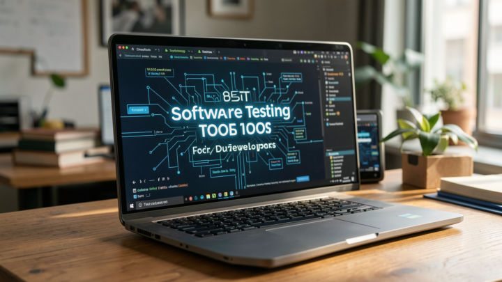 Professional editorial photo showcasing software testing tools in a developer's workspace.