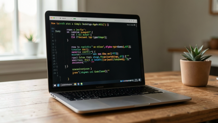 Professional workspace with a laptop displaying Python code for app development.