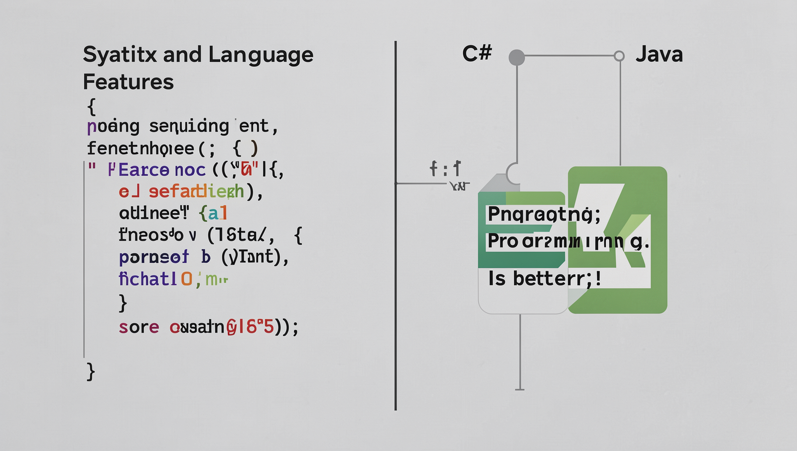 Comparison of C# and Java code snippets highlighting syntax differences.