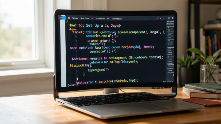 Professional setup of a Java development environment with laptop and coding tools.