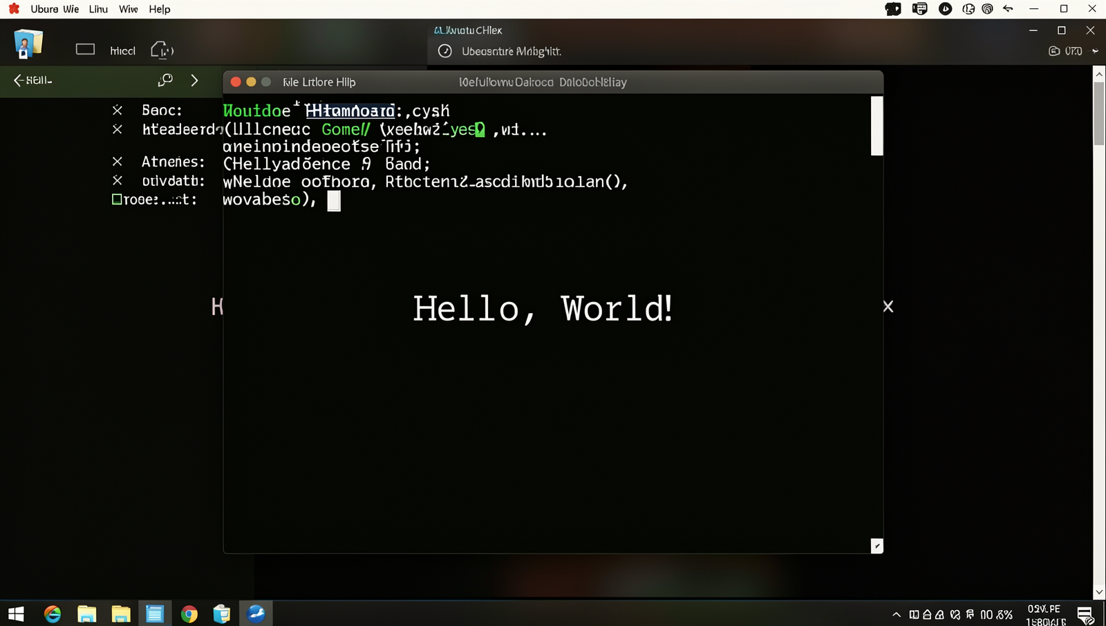 Screenshot of a Linux terminal displaying 'Hello, World!' output.