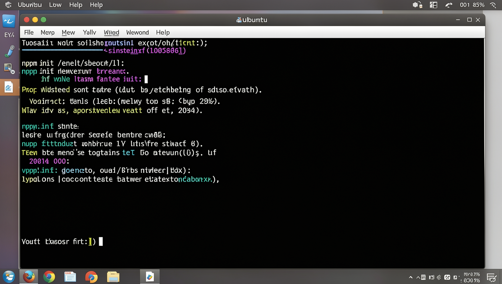 Realistic terminal displaying npm init command for project initialization.