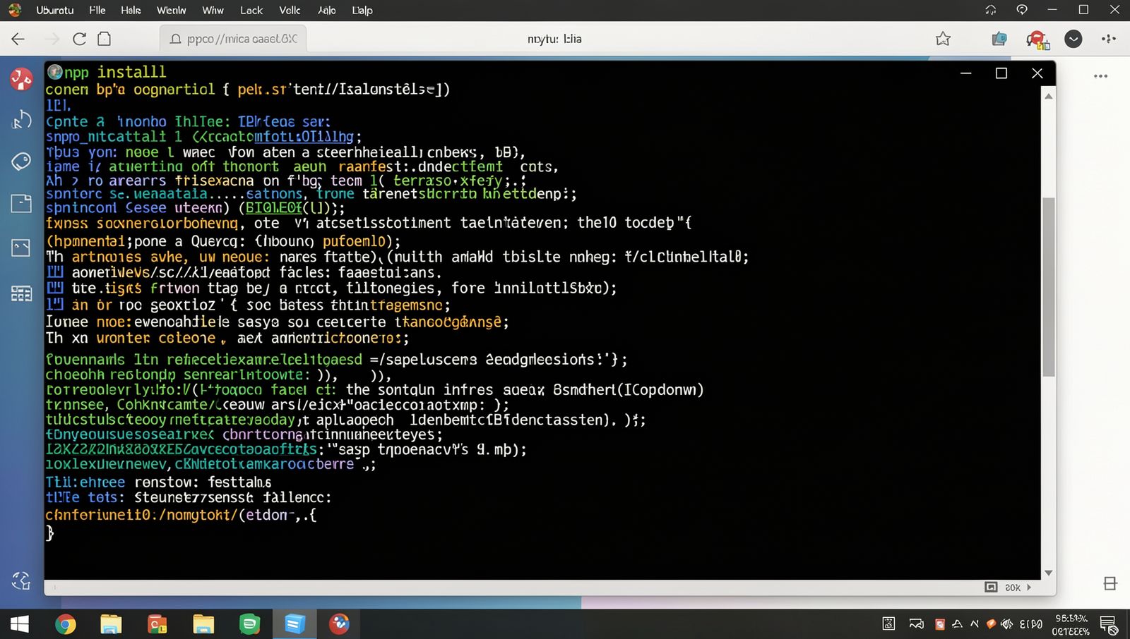 Terminal displaying npm install command with output on a Linux desktop.