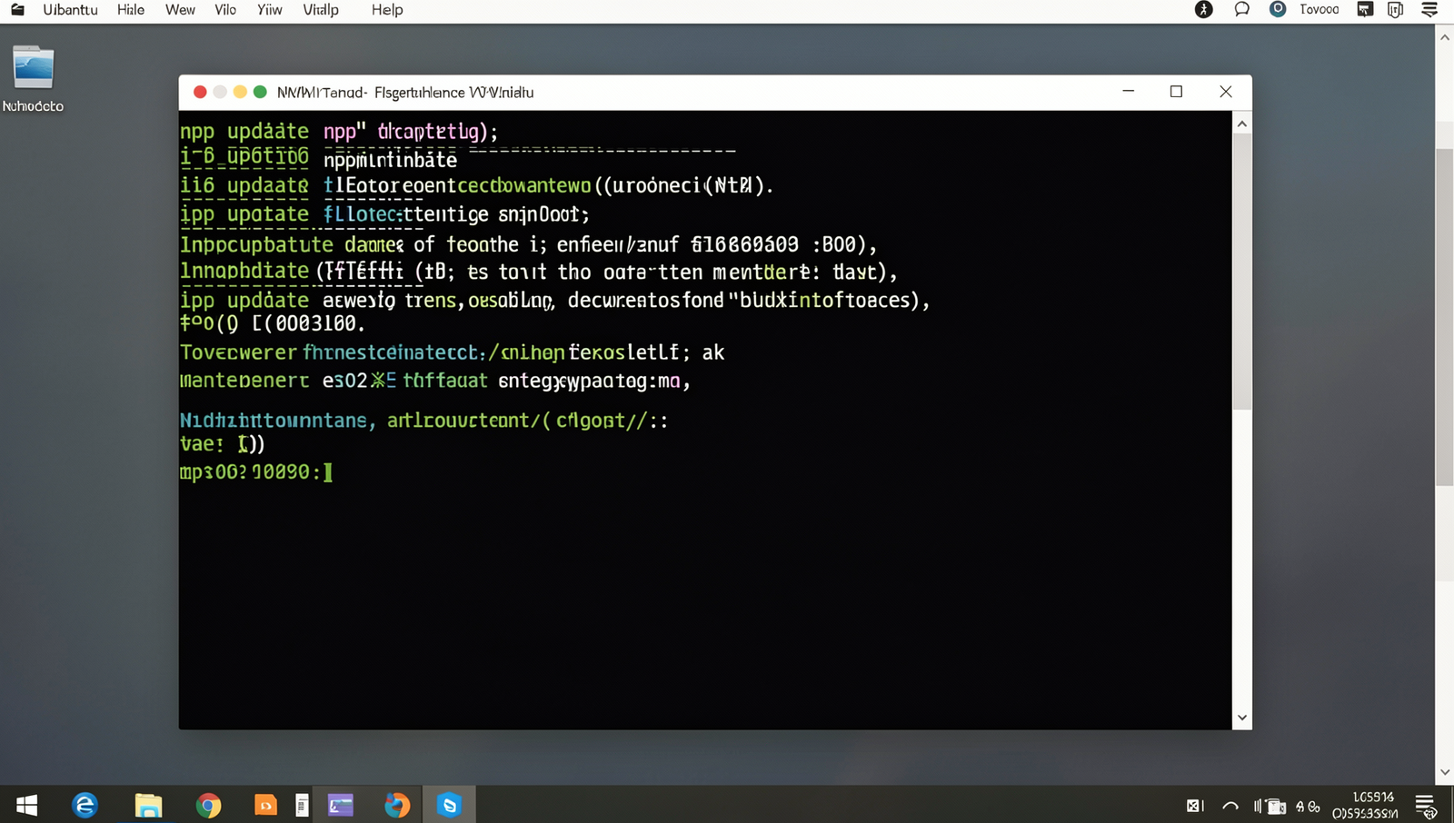 Terminal displaying npm update command and output on a Linux desktop.