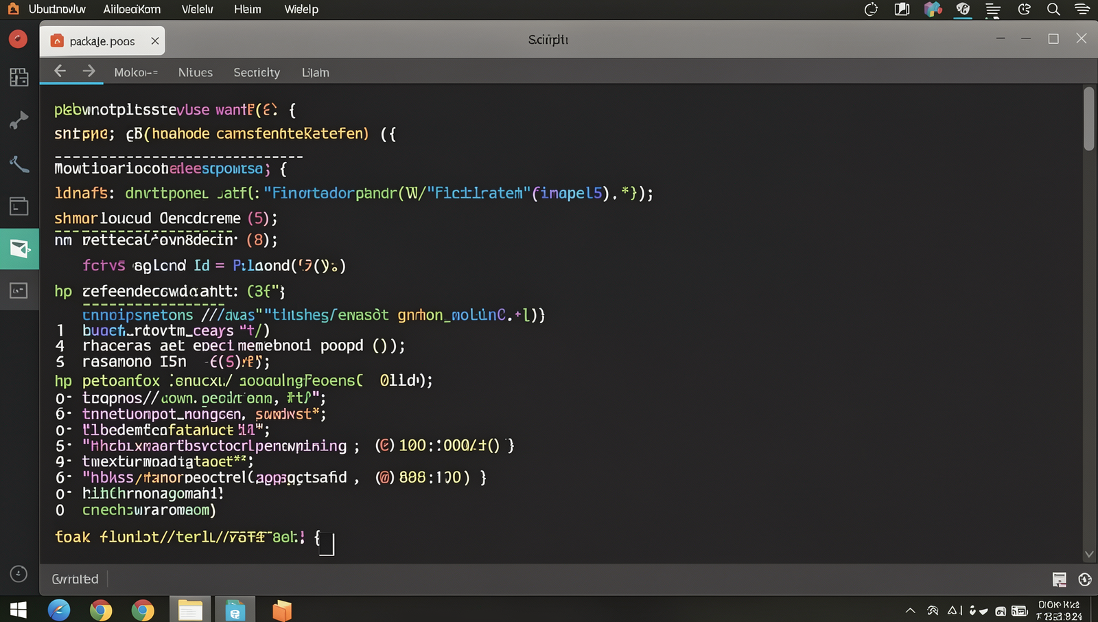 Detailed view of a package.json file showing the scripts section on a Linux desktop.