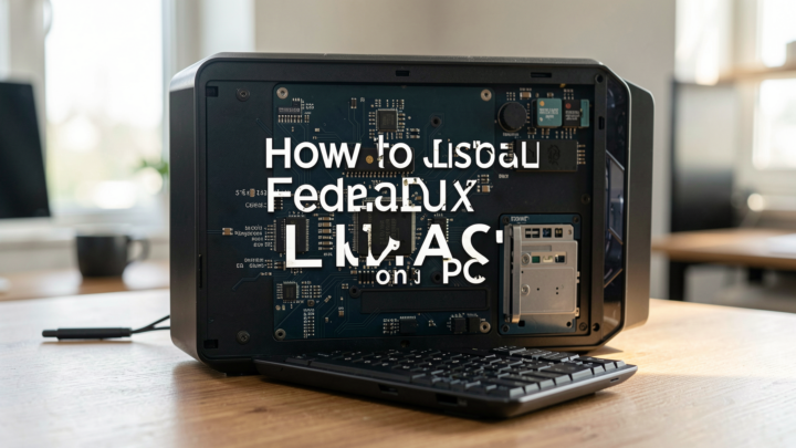 Professional setup for installing Fedora Linux on a PC with natural lighting.