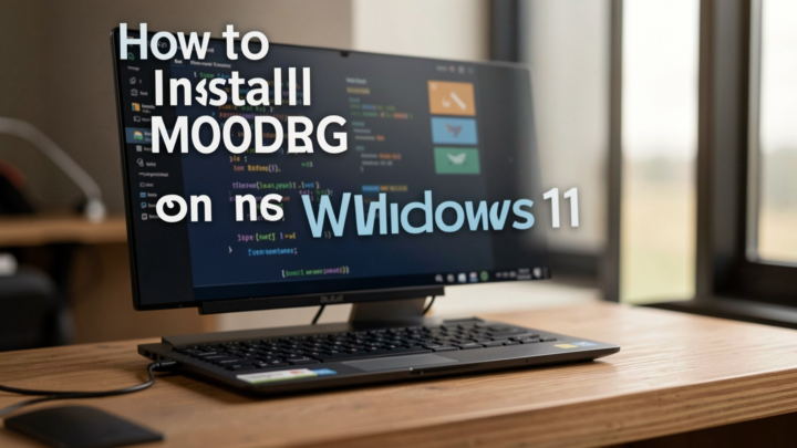 Professional setup of MongoDB installation on Windows 11 in a modern workspace.
