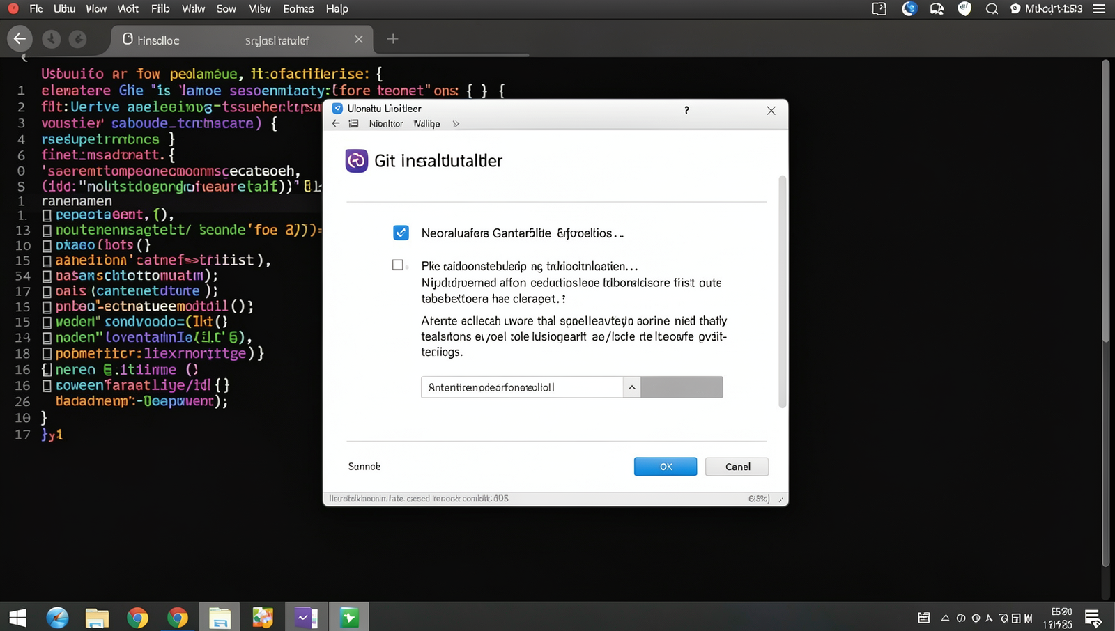 Git installer setup wizard on a Linux desktop with natural lighting