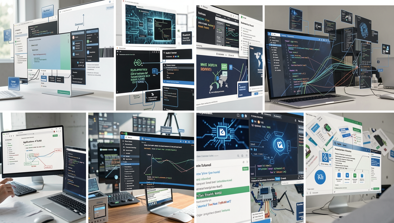Collage showcasing diverse applications of Kotlin in software development and mobile apps.