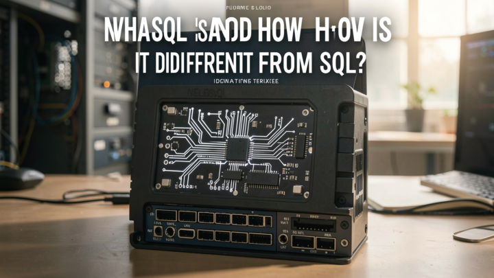 Photorealistic comparison of NoSQL and SQL database technologies in a professional setting.