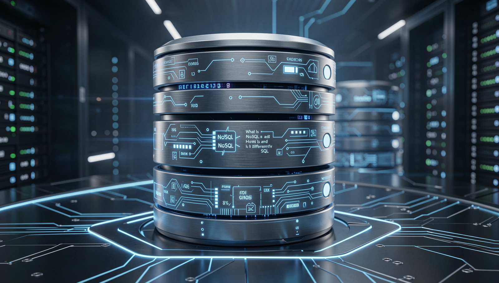 Futuristic depiction of database technology showcasing NoSQL and SQL concepts.